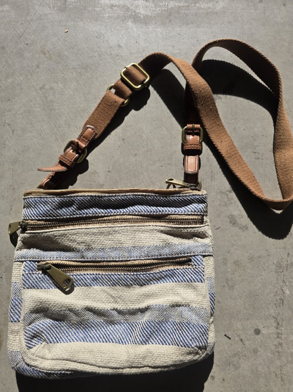 Fossil Beige Canvas Crossbody with Blue Stripes and Tan Strap